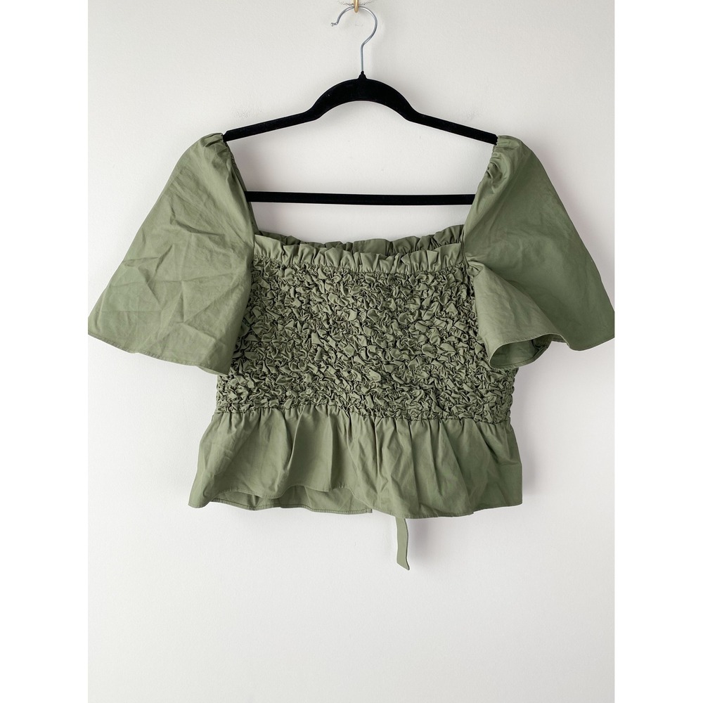 Anthropologie Mare Mare Smocked Bow Tie Top S Olive‎ Green Square Neck Boho - Picture 6 of 10